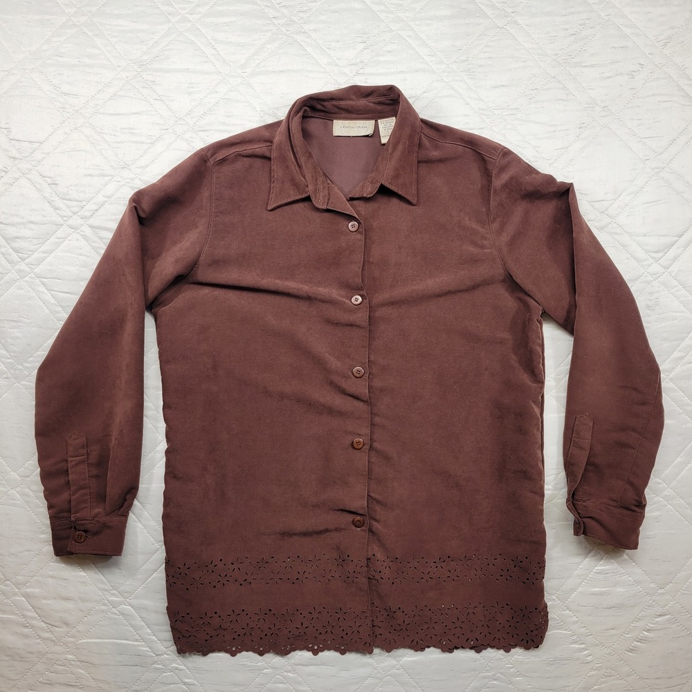 Lemon Grass brown faux suede long sleeve button down blouse size L